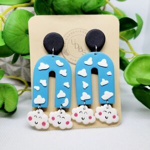 Clay earrings, clouds in the sky, smiling clouds, blue and white, handmade